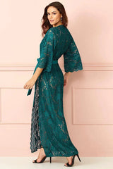 Sensuous Palais Garnier Pacific floral lace long dressing robe with ¾ sleeves and fixed belt.