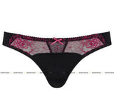 Pamela Thong Black/Fuchsia: smooth fabric thong with intricate floral embroidery and a delicate ribbon bow.