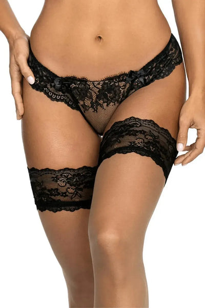 Axami Passion Fruit black lacy thong with feminine lace pattern and intriguing back, paired with matching garters.