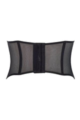 Black mesh waspie corset with hook and eye fastening, emphasizing waistline and hip curves.