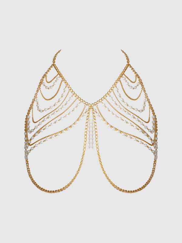 House of Desire Pearl & Chain Draped Bralette Bra Gold
