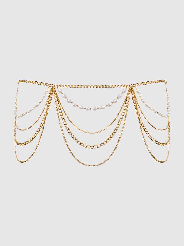House of Desire Pearl & Chain Draped Garter Gold