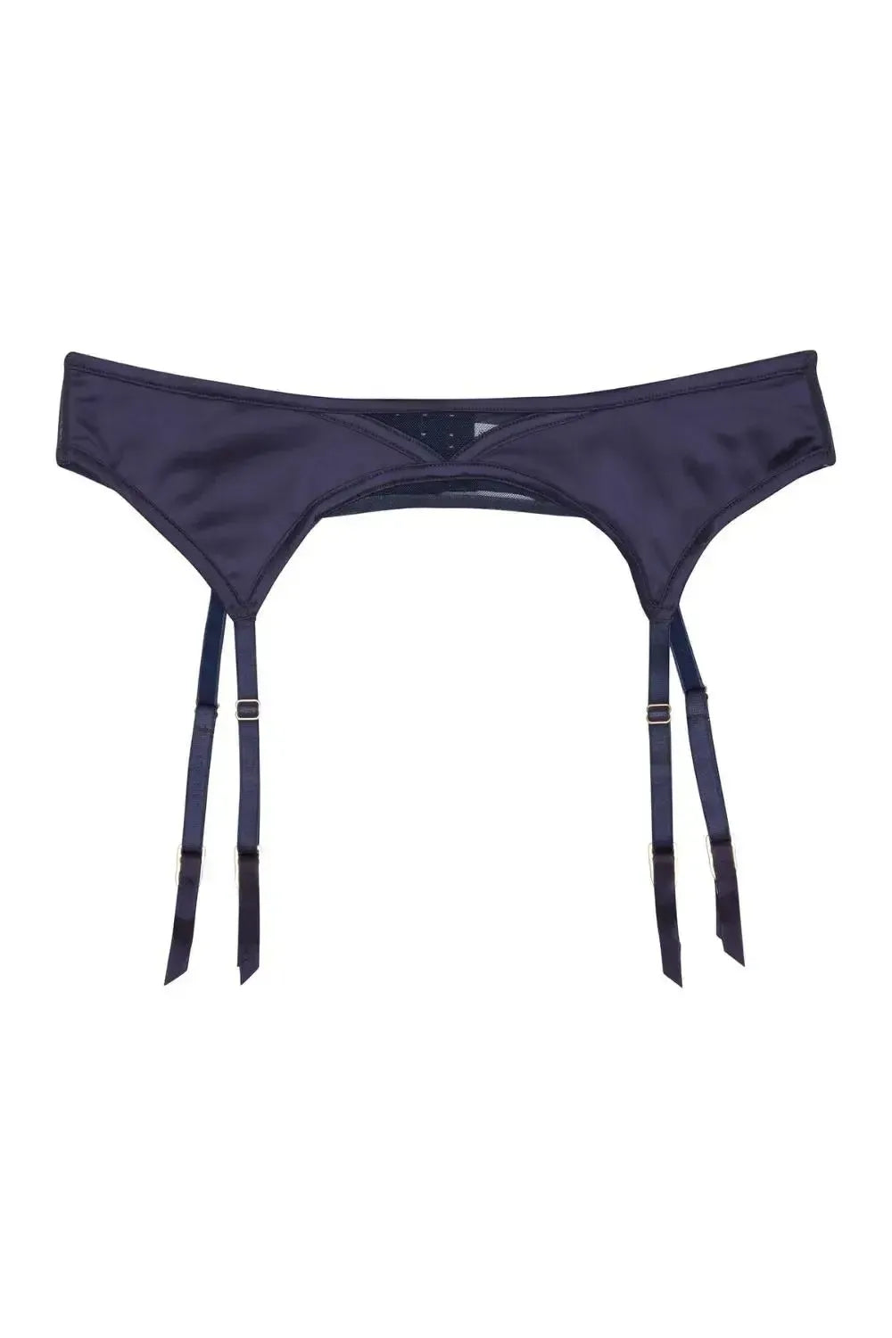 Flattering Navy Philly satin tulip garter belt with sheer mesh and 4 suspender straps.
