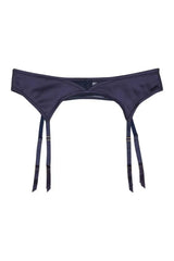 Flattering Navy Philly satin tulip garter belt with sheer mesh and 4 suspender straps.