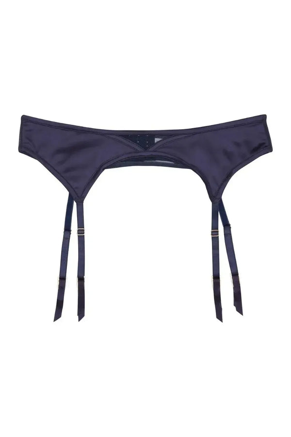 Flattering Navy Philly satin tulip garter belt with sheer mesh and 4 suspender straps.