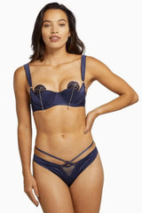 Navy Philly satin tulip thong with mesh panels, designed to fit curves for a sophisticated look.