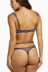Navy Philly satin tulip thong with sheer mesh panels, designed to fit your curves.