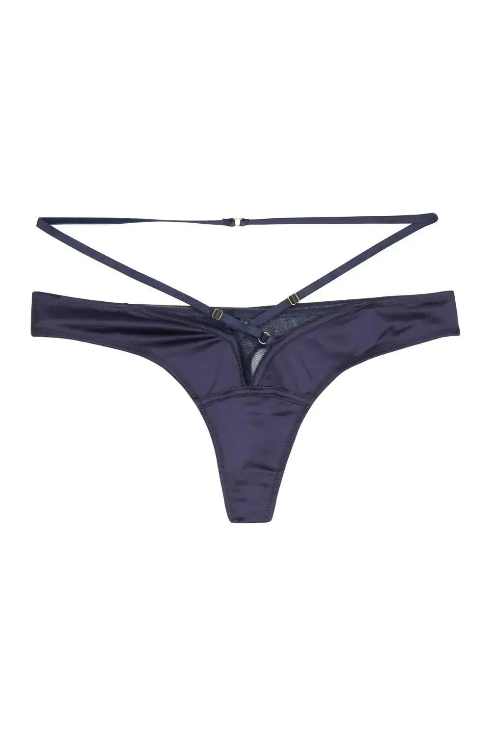 Navy Philly satin tulip thong with mesh panels and adjustable straps for a sophisticated look.