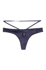 Navy Philly satin tulip thong with mesh panels and adjustable straps for a sophisticated look.