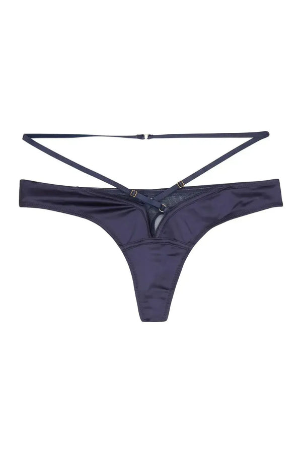 Navy Philly satin tulip thong with mesh panels and adjustable straps for a sophisticated look.
