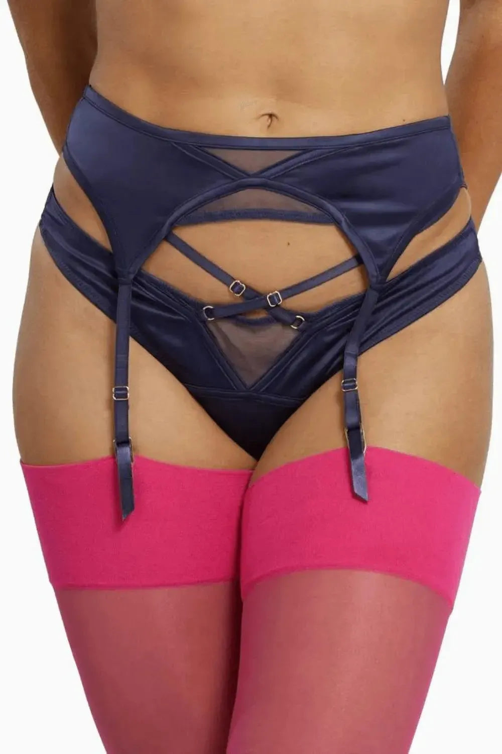 Navy Philly satin tulip thong with mesh panels, adjustable straps, and garter clips, paired with pink stockings.