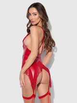 House of Desire Queen Phoenix Faux Leather & Fringe Chemise & G-String Set Crimson Red