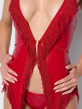 House of Desire Queen Phoenix Faux Leather & Fringe Chemise & G-String Set Crimson Red