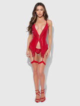 House of Desire Queen Phoenix Faux Leather & Fringe Chemise & G-String Set Crimson Red