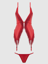 Phoenix Faux Leather & Fringe Chemise & G-String Set Crimson Red