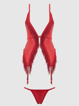 House of Desire Queen Phoenix Faux Leather & Fringe Chemise & G-String Set Crimson Red