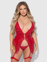 House of Desire Queen Phoenix Faux Leather & Fringe Chemise & G-String Set Crimson Red