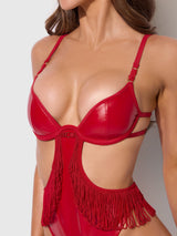 Phoenix Faux Leather & Fringe Crotchless Teddy Crimson Red