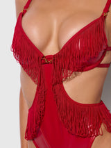 House of Desire Queen Phoenix Faux Leather & Fringe Crotchless Teddy Crimson Red