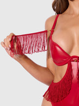 House of Desire Queen Phoenix Faux Leather & Fringe Crotchless Teddy Crimson Red