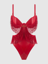 Phoenix Faux Leather & Fringe Crotchless Teddy Crimson Red