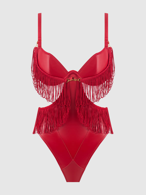 House of Desire Phoenix Faux Leather & Fringe Crotchless Teddy Crimson Red