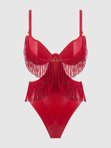 House of Desire Queen Phoenix Faux Leather & Fringe Crotchless Teddy Crimson Red