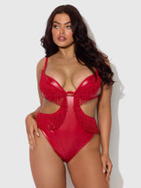 House of Desire Queen Phoenix Faux Leather & Fringe Crotchless Teddy Crimson Red