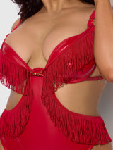 Phoenix Faux Leather & Fringe Crotchless Teddy Crimson Red