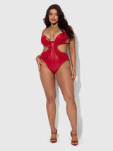 House of Desire Queen Phoenix Faux Leather & Fringe Crotchless Teddy Crimson Red