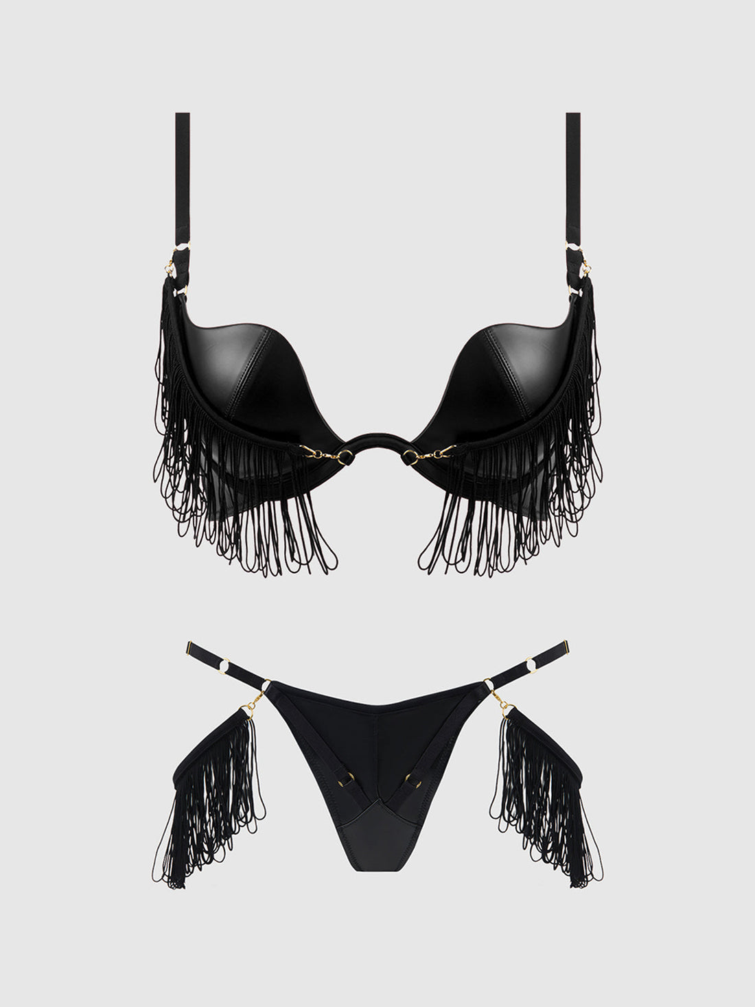 Phoenix Faux Leather & Fringe Push Up Bra & Thong Set