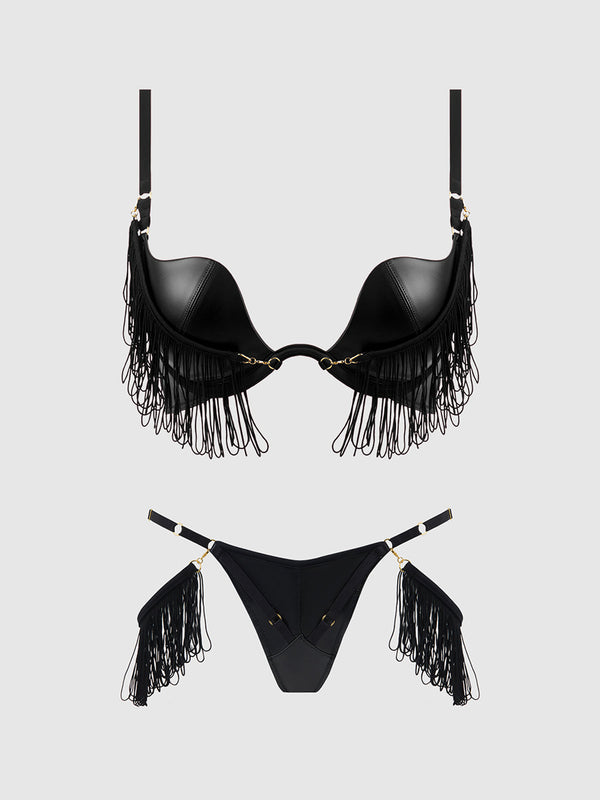 House of Desire Phoenix Faux Leather & Fringe Push Up Bra & Thong Set