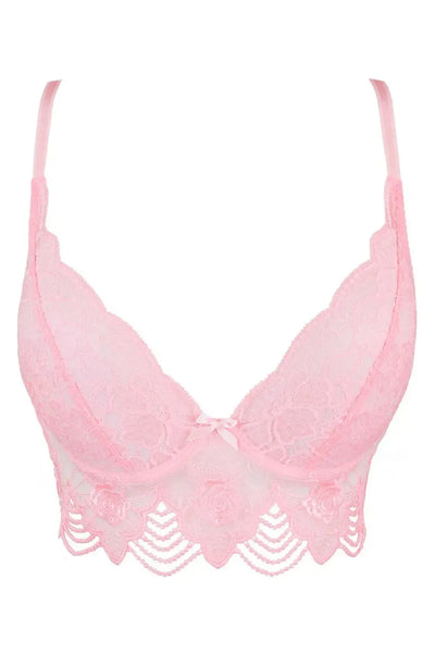 Axami Pink Rose Lace Longline Corset Bra with underwire, silky smooth rose floral lace, and a charming bow.