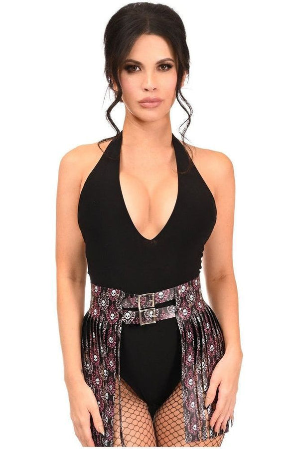 Daisy Corsets Pink & White Skulls Faux Leather Fringe Skirt