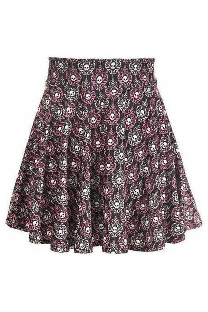 Pink & White Skulls Stretch Lycra Skirt - Daisy Corsets