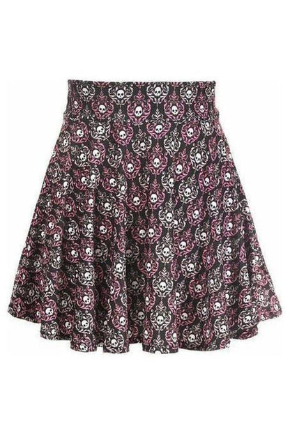 Pink & White Skulls Stretch Lycra Skirt - Daisy Corsets