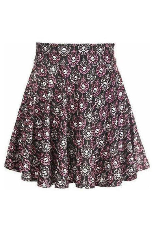 Pink & White Skulls Stretch Lycra Skirt - Daisy Corsets