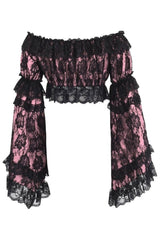 Daisy Corsets Pink/Black Lace Smocked Flare Sleeve Peasant Top
