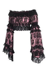 Daisy Corsets Pink/Black Lace Smocked Flare Sleeve Peasant Top