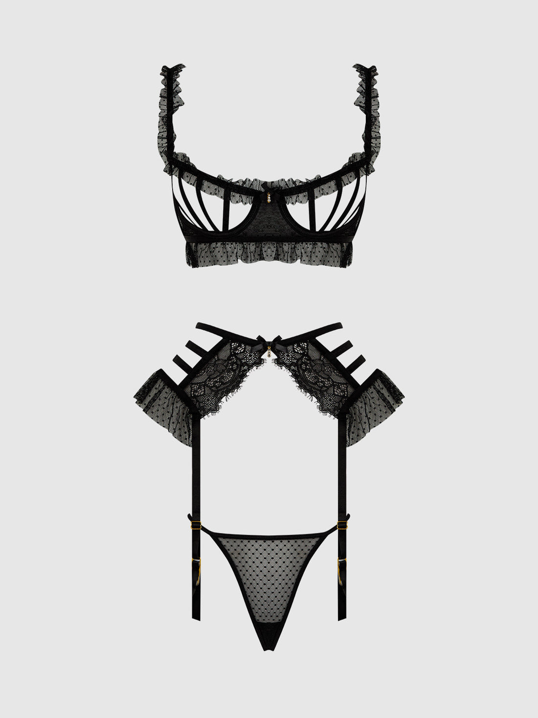 Portia Swiss Dot Cutout Bra, Garter, & Thong Set Black
