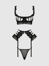 Portia Swiss Dot Cutout Bra, Garter, & Thong Set Black