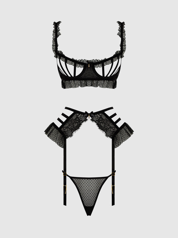 House of Desire Portia Swiss Dot Cutout Bra, Garter, & Thong Set Black