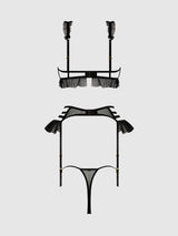 Portia Swiss Dot Cutout Bra, Garter, & Thong Set Black