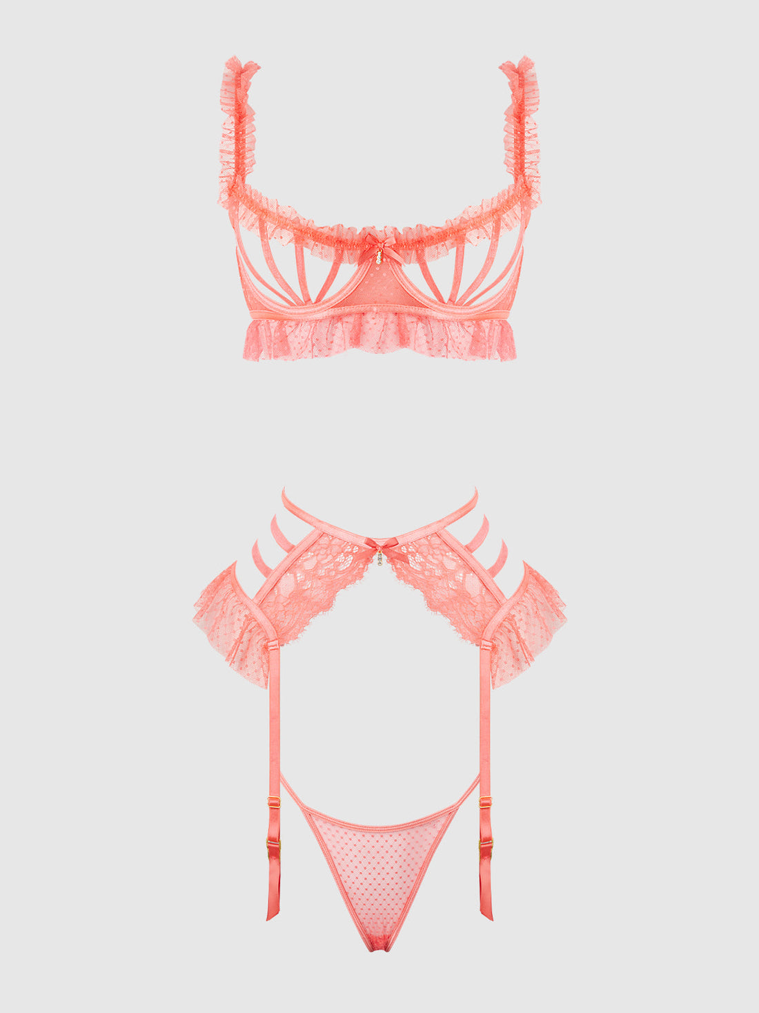 Portia Swiss Dot Cutout Bra, Garter, & Thong Set Siesta