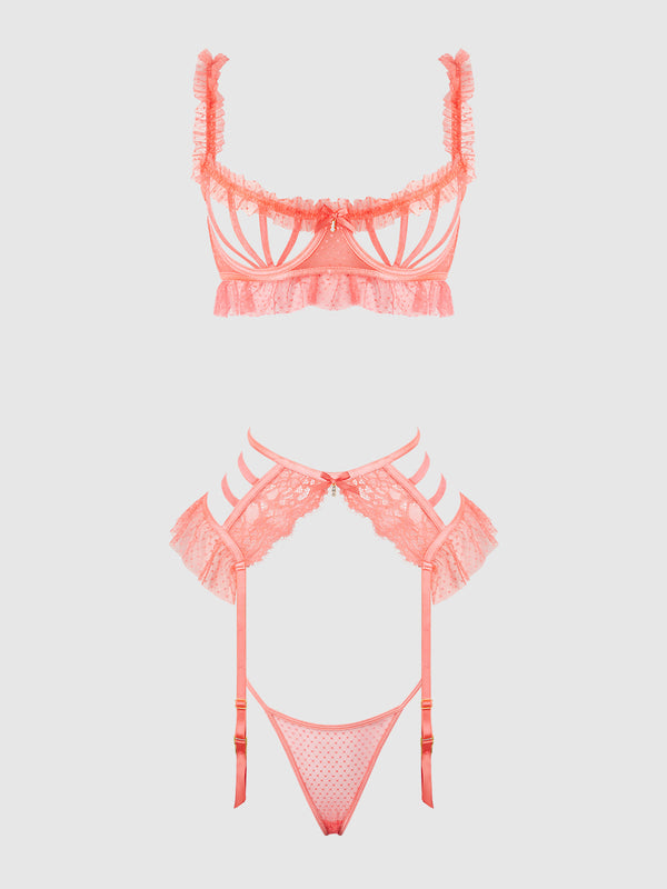House of Desire Portia Swiss Dot Cutout Bra, Garter, & Thong Set Siesta