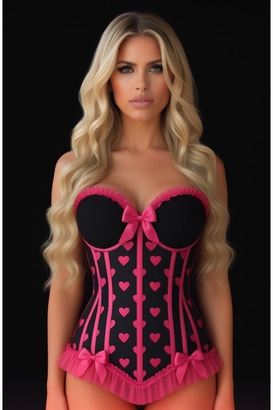 Daisy Corsets Lavish Black & Pink Hearts Lycra Hook & Eye Back Closure Bustier