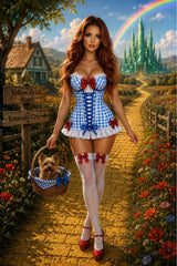 Daisy Corsets Lavish Blue Gingham w/Red Sequin Bows Stretch Lycra Bustier Corset with Underwire Cups