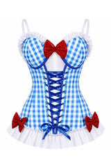 Daisy Corsets Lavish Blue Gingham w/Red Sequin Bows Stretch Lycra Bustier Corset with Underwire Cups