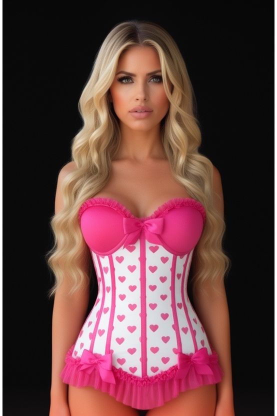 Daisy Corsets Lavish White & Pink Hearts Lycra Hook & Eye Back Closure Bustier