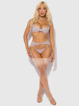 House of Desire Presley Rhinestone Halter Shine Mesh Demi Bra Set Silver Gray